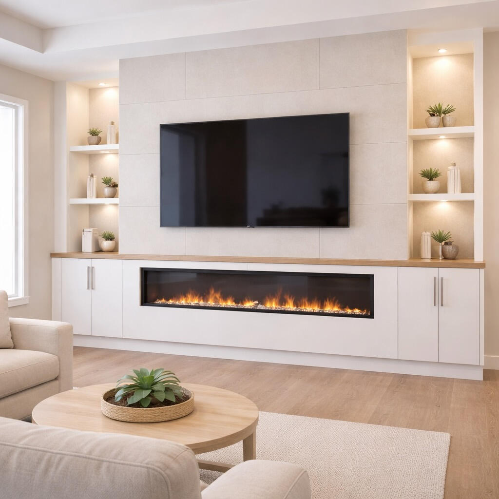 Modern fireplace wall in Clearwater with linear electric fireplace, TV, and built-in cabinets